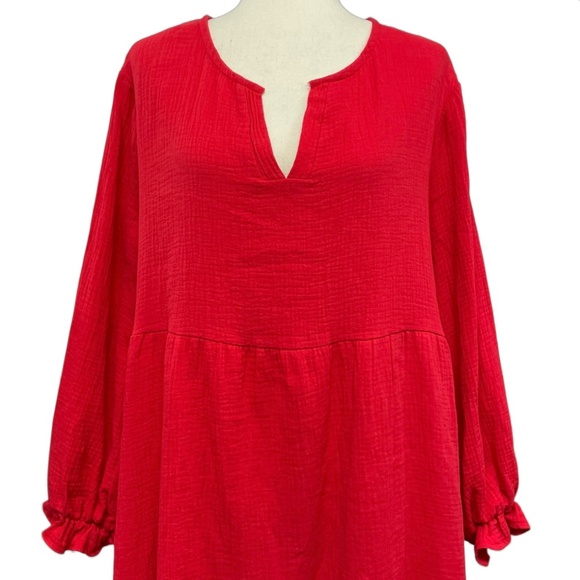 NWT Kaktus V-Neck Ruffle Cuff Tiered Red Gauze Dress Size L - Picture 2 of 9
